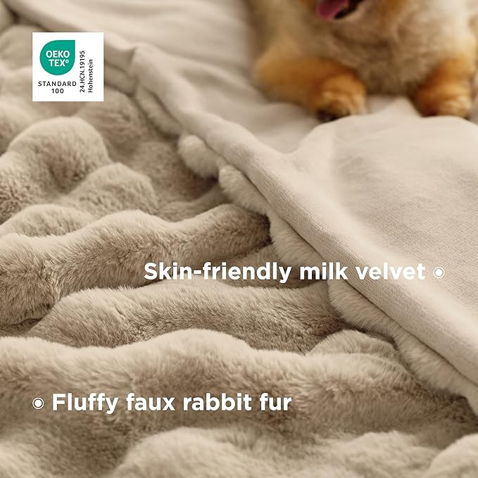 Bedsure GentleSoft Fluffy Faux Fur Throw Blanket, Fuzzy Soft Bubble Blanket for Couch, Faux Fur Decor for Home Bedroom Living Room, Thick Furry Cozy Gifts for Women, Beige, 50x60 Inch