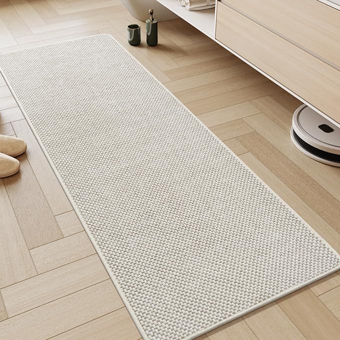 AMOAMI Chenille Bath Mat Super Absorbent Bathroom Mat Quick Dry Low Pile Bath Mats for Bathroom Washable Rubber Backed Bathroom Runners Fit Under Door, Front of Bathtub, Sink, Beige&White 24"x48"