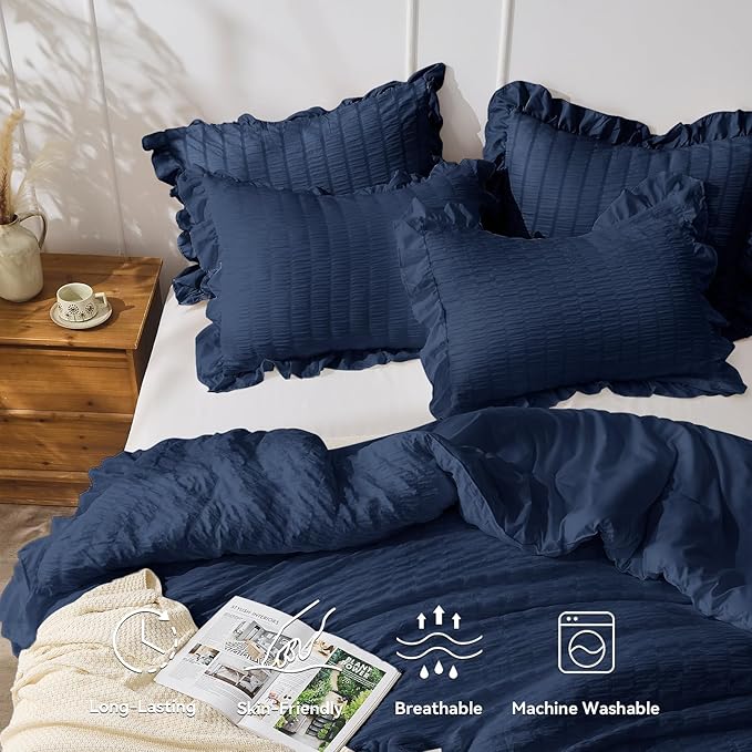 JOLLYVOGUE Navy Blue King Comforter Set, 3 Pieces Seersucker Comforters King Size, Lightweight & Fluffy Bedding Sets King for All Season with 1 Ruffle Comforter and 2 Ruffle Pillowshams