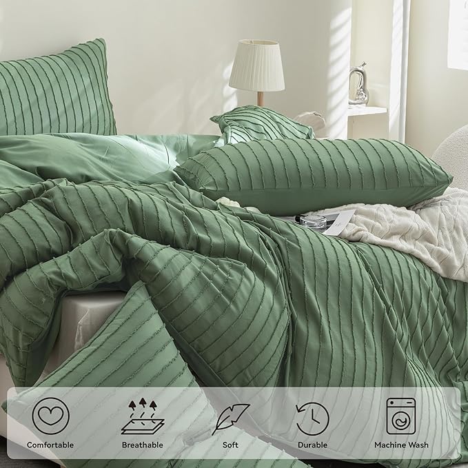 JELLYMONI Duvet Cover Queen Size Green - 3PCS Boho Striped Duvet Cover Set Polyester Tufted Bohemian Textured Comforter Cover 90×90in with Corner Ties & Zipper and 2 Pillowcases