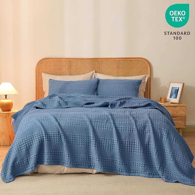 PHF 100% Cotton Waffle Weave Blanket Queen Size for Bed, Soft Lightweight & Breathable, All-Season Comfort, Luxury Aesthetic Woven Bedding for Home Decor, 90"x90", Denim Blue