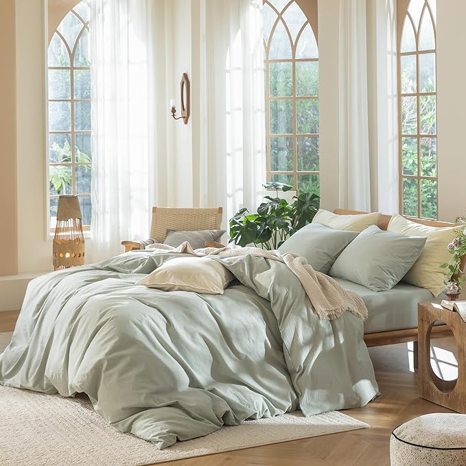 MooMee Bedding Duvet Cover Set 100% Washed Cotton Linen Like Textured Breathable Durable Soft Comfy (Heathered Sage Green, Oversized King Plus 128"x120")