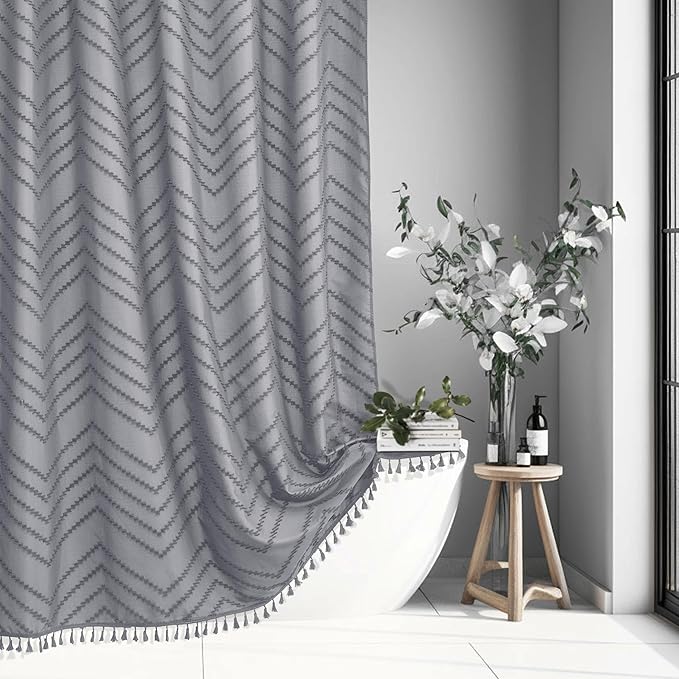 Extra Long Grey Boho Shower Curtain with Tassel, Woven Fabric 96 in Shower Curtain, Tufted Chevron Striped, 72 x 96, Modern Chic Textured Minimalist Bathroom Shower