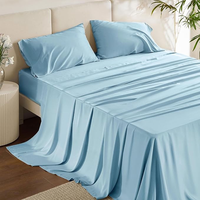 Bedsure California King Sheet Sets, Cooling Sheets, Rayon Derived from Bamboo, Breathable & Soft, Deep Pocket Up to 16 Inches, Hotel Luxury Silky Bedding for Hot Sleepers, Aqua