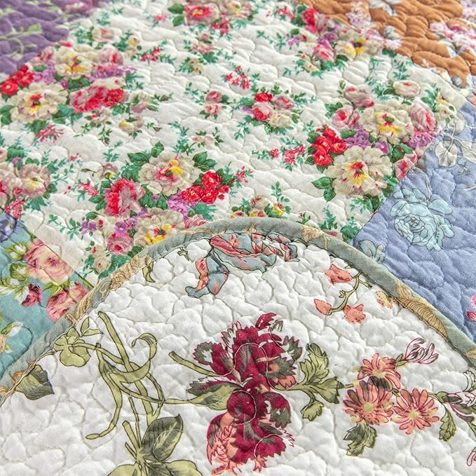 YAYIDAY Quilt King Size Patchwork Bedspread Set - 100% Cotton Reversible Breathable Floral Quilted Quilt with Pillow Shams Fit All Season