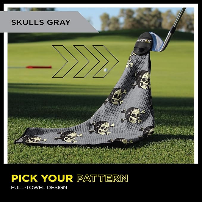 STICKIT The Original Magnetic Golf Towel with Gray Skulls | Top-Tier Microfiber Golf Towel with Deep Waffle Pockets | Industrial Strength Magnet for Strong Hold to Golf Carts or Clubs