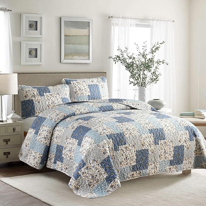 Mybedsoul Light Blue Quilt Set King Size, 3 Pieces Boho Plaid Floral Bedspread Set Microfiber Lightweight Bohemian Bedding Bedspread Coverlet Set for All Season 90"x104"