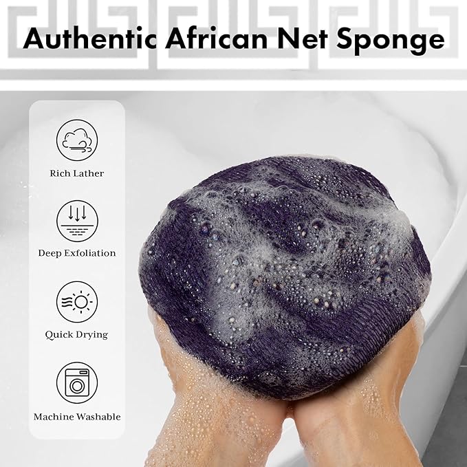 African Net Sponge Authentic with Handles (Set of 2), African Exfoliating Net Sponge, Exfoliating Body Scrubber Bath Sponge - Bathing Accessories with Storage Bag (Purple & Green)