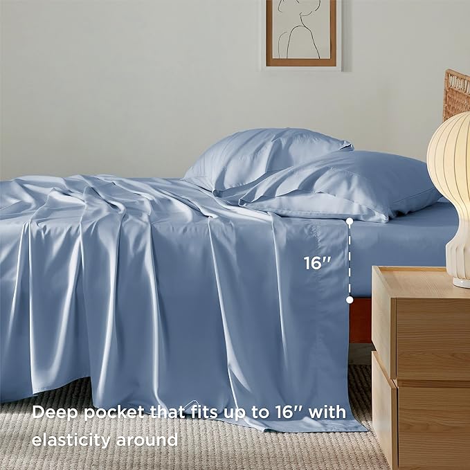 Bedsure California King Sheet Sets, Cooling Sheets, Rayon Derived from Bamboo, Breathable & Soft, Deep Pocket Up to 16 Inches, Hotel Luxury Silky Bedding for Hot Sleepers, Dusty Blue