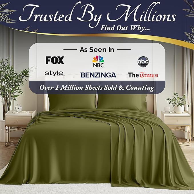 DECOLURE 100% Viscose Derived from Bamboo Sheets Full Size 4pcs - Ultra Soft & Luxuriously Cooling, 17" Deep Pocket, Double Stitching, Perfect for Hot Sleepers - Full Bed Sheets (Light Olive)