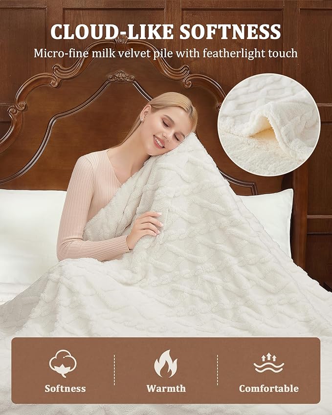 CAROMIO Electric Blanket King Size Dual Control - Thick Tufted Sherpa Heated Blanket with 10 Heating Levels and 10 Time Settings, ETL Certified Fast Heating Blankets King Size 90"×100", White