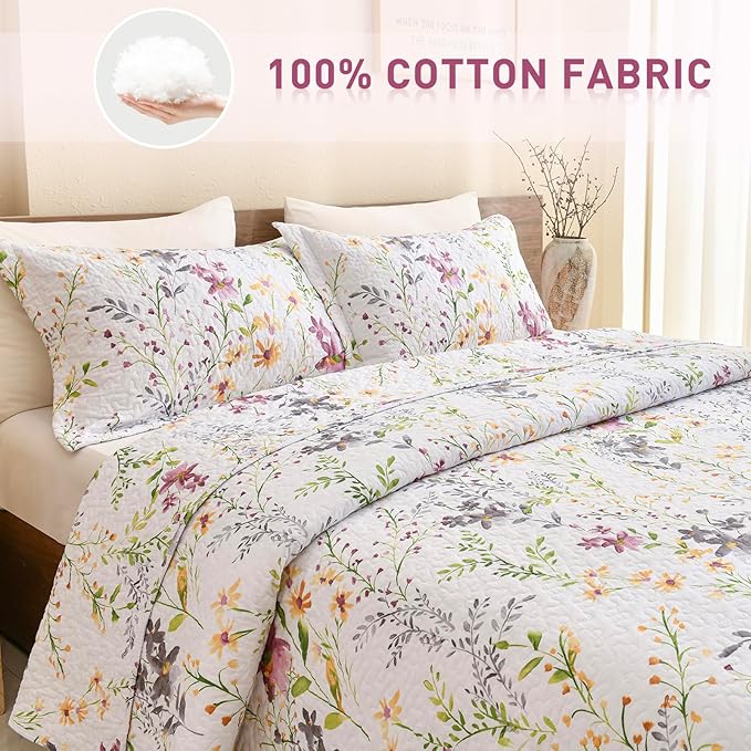 Lady Ann 100% Cotton Cal King Quilt Set - Yellow Flower Botanical Pattern Printed Quilted 118x106 Bedspread Set,Vintage Coverlet Ultra Soft Bedspread Set with Pillow Shams Al Season,3 PCS