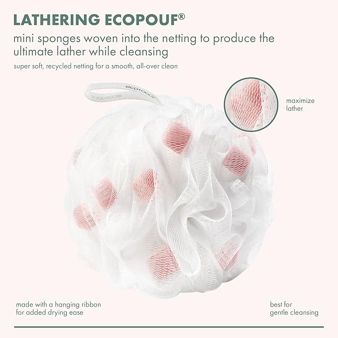 EcoTools Lathering EcoPouf, Loofah Infused with Mini Sponges, Provides Rich Lather, Recycled Netting, Gentle Exfoliation in Bath Or Shower, Pouf Removes Dead Skin, Cruelty-Free, 1 Count