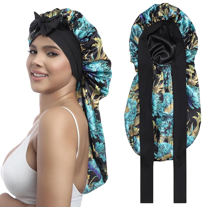 AWAYTR Long Satin Bonnet for Women - Double Layer Elastic Silk Bonnet for Braids Hair Sleeping Cap with Tie Band (Print+Black)