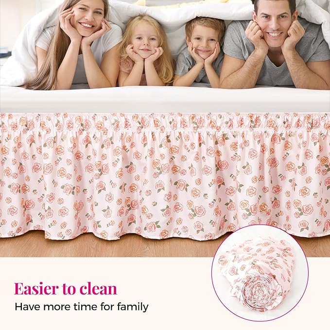 RIMELA Pink Rose Floral Bed Skirt Queen Size 15 Inch Drop, Elastic Bed Skirting for Bed Frame, Bedding Dust Ruffle Easy to Install, Lightweight Wrap Around Adjustable Bedskirt