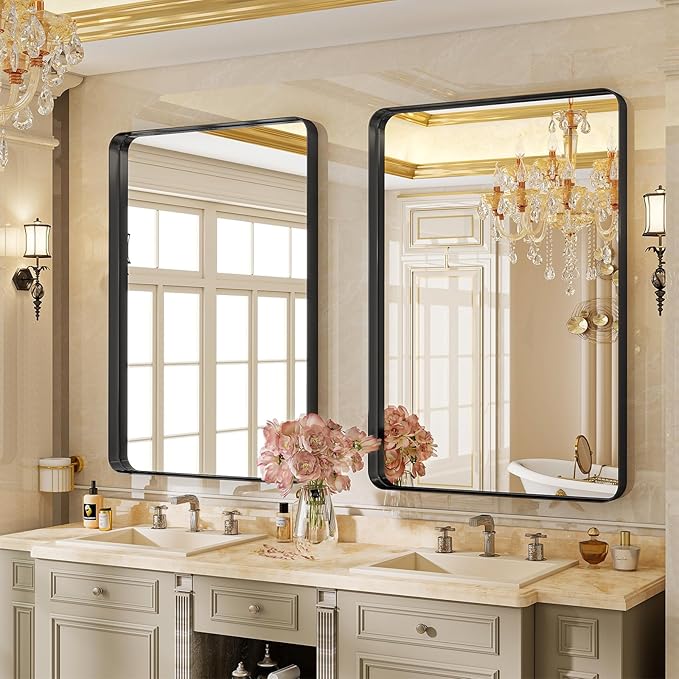 VooBang Bathroom Mirror 24x32 inch, Black Gorgeous Deep Frame Wall Mirror, Modern Round Corner Bathroom Vanity Mirror for Bedroom, Living Room, Hanging or Leaning Horizontal or Vertical, Black