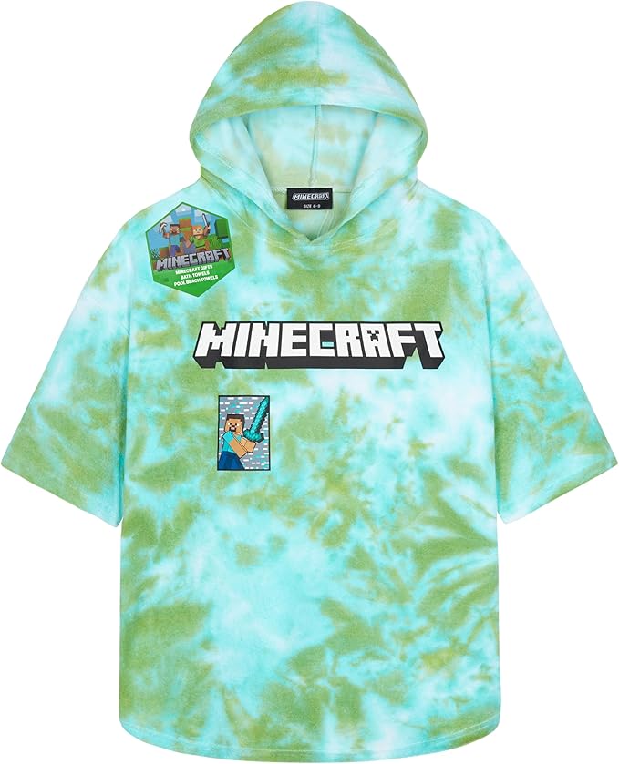 Minecraft Towelling Poncho Kids Teens Hooded Bath Towels Absorbent Beach Towel (Green Tie Dye, 6-9 Years)