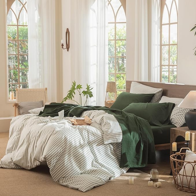 MooMee Bedding Sheet Set 100% Washed Cotton Linen Like Textured Breathable Durable Soft Comfy (Solid Forest Green, Full)