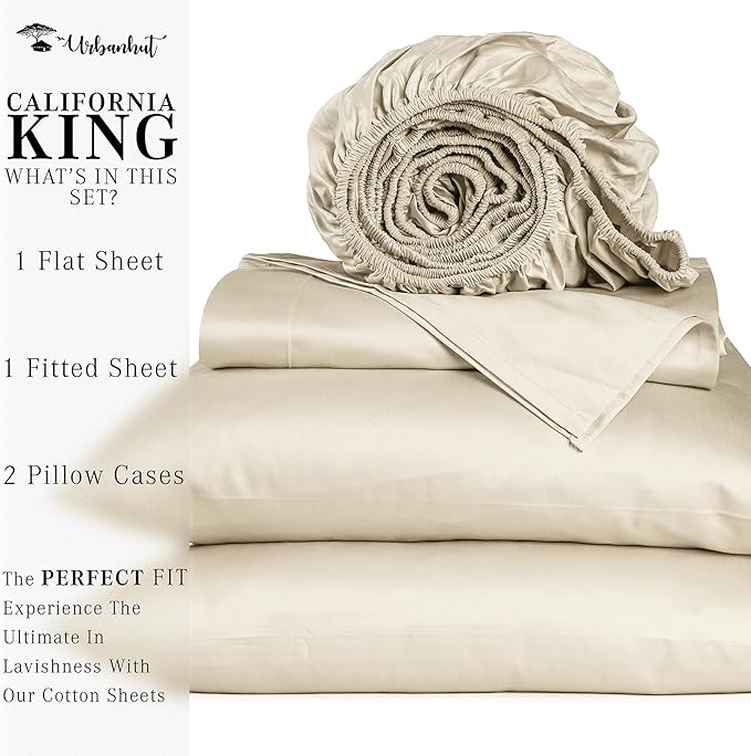 URBANHUT 1000 Thread Count Egyptian Cotton California King Sheets, Long Staple Soft & Breathable, 4 Pc Bed Sheet Sets, Luxury Hotel Sateen Sheets Fits 16" Deep Pocket - Ivory