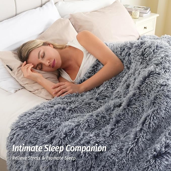 Wemore Shaggy Long Fur Faux Fur Weighted Blanket, Cozy and Plush Sherpa Long Hair Blanket for Adult 15lbs, Fluffy Fuzzy Sherpa Reverse Heavy Blanket for Bed, Couch, Backprint Navy Blue, 48 x 72 Inches