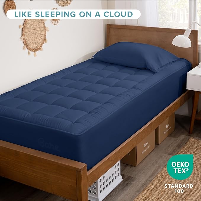 Bare Home Twin Mattress Topper Cotton Top - Plush Topper for Mattress - Fitted Mattress Cover - Cooling Breathable Air Flow - 8" to 21" Deep Pocket - Soft Mattress Pad (Twin, Dark Blue)