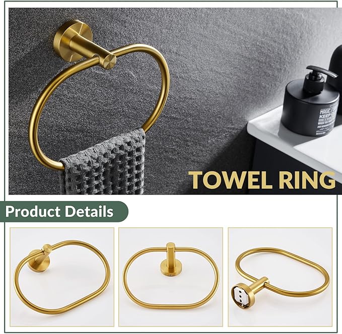 APLusee 2 Pieces Bathroom Hardware Set Brushed Gold, Contemporary 304 Stainless Steel Storage Accessories Kit with Oval Hand Towel Ring, Toilet Paper Holder Wall Mounted