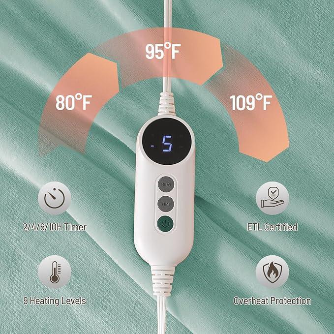 Electric Blanket Twin Size, Soft & Cozy Heated Throw Blanket with 9 Heat Settings & 2-10 Hours Auto Off, Fast Heating & Overheat Protection, Machine Washable - 62"x84" Green