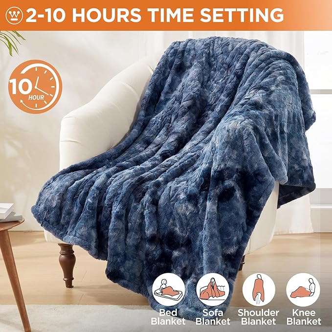 Westinghouse Electric Heated Throw Blanket, Faux Fur with 6 Heating Levels & Auto Off, Soft Cozy Sherpa Washable Blanket (50" x 60", Indigo)