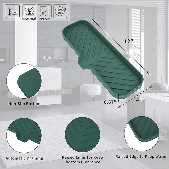 Silicone Bathroom Soap Dishes with Drain Spout-Bathroom and Kitchen Sink Organizer,Sponge Holder,Dish Soap Tray,Perfect for Dispenser,Scrubber,Bottle,Cup on Sink or Counter-Green 12"×4"