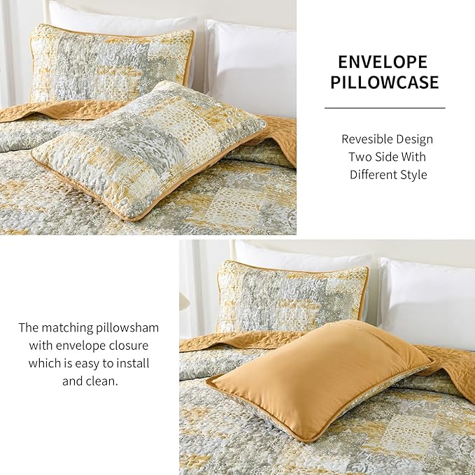 Mybedsoul Yellow Boho Quilt Set Queen Size 3 Pieces Grey and Yellow Plaid Floral Bedding Set Microfiber Lightweight Bohemian Patchwork Bedspread Coverlet Set for All Season 90"x96"