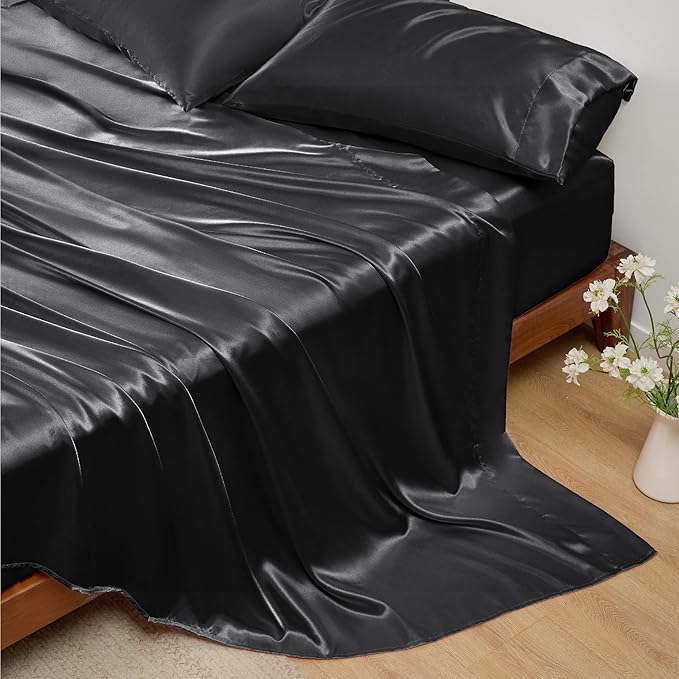 Bedsure Black Satin Sheets Full Size - 4 Piece Silky Bedsheets with 15 Inches Deep Pocket Fitted Bedsheet,1 Flat Sheet, 2 Satin Pillowcases, Good for Hair & Skin (Full, Black)