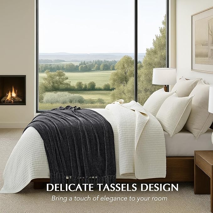 EVERGRACE Soft Chenille Throw Blanket for Couch, Cozy Plush Fuzzy Decorative Chenille Knit Throw Blanket with Tassels, Lightweight Blanket and Throws for Bed Sofa Gift Home Decor, Iron Black 50"x60"