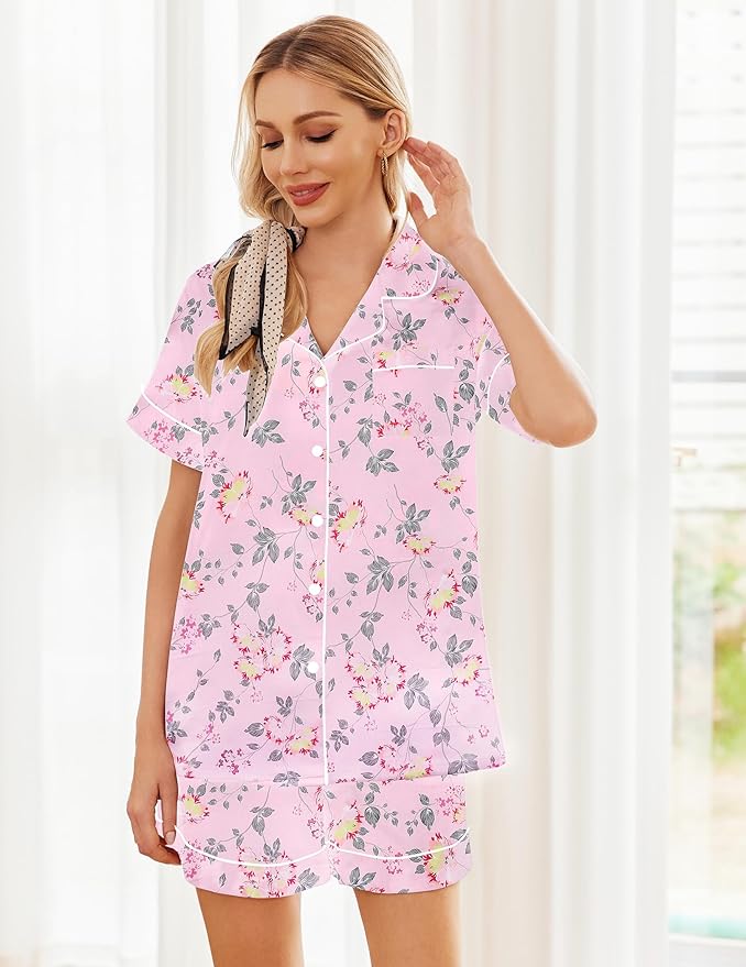 Ekouaer Pajamas for Women Set Silk Satin Pjs Shorts Sleepwear 2 Piece Loungewear S-XXL