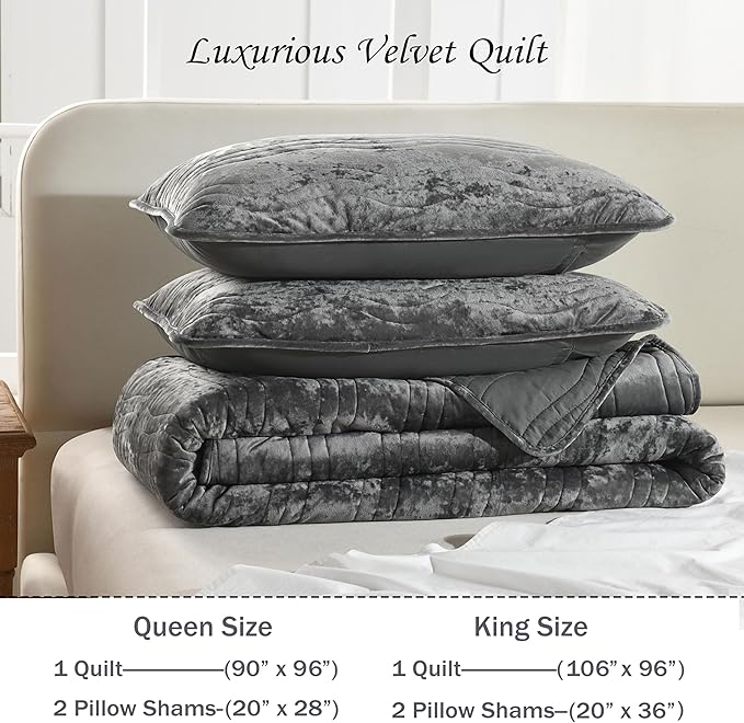 Velvet Quilt Set, Grey Velvet Quilt Queen Size Comforter Set, Luxury Bedding Soft Plush Bedspread, Machine Washable Coverlet,All-Season 3 Pieces