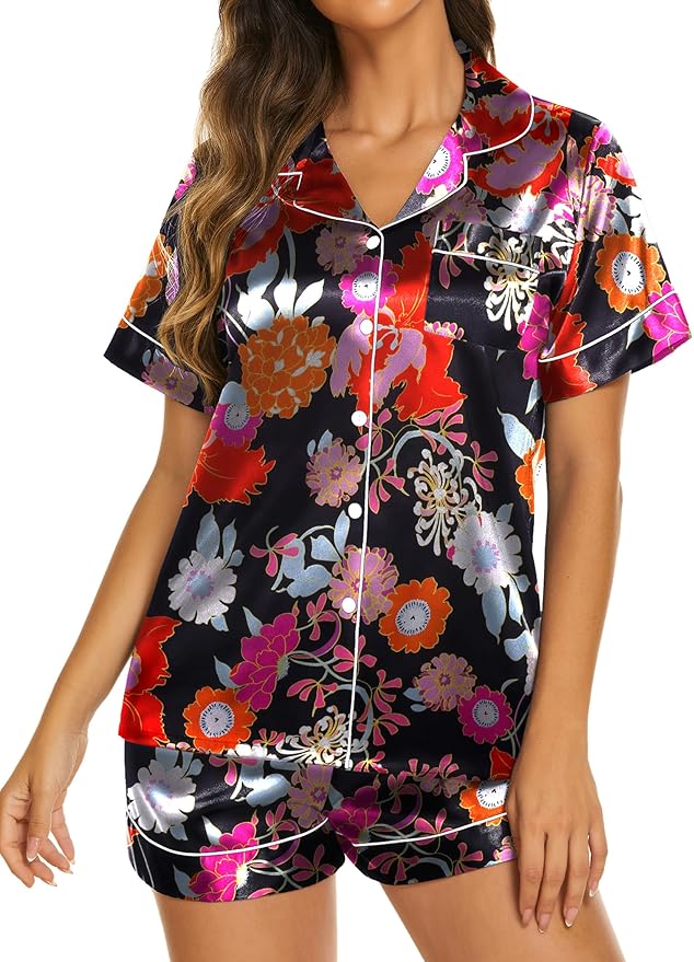 Ekouaer Pajamas for Women Set Silk Satin Pjs Shorts Sleepwear 2 Piece Loungewear S-XXL