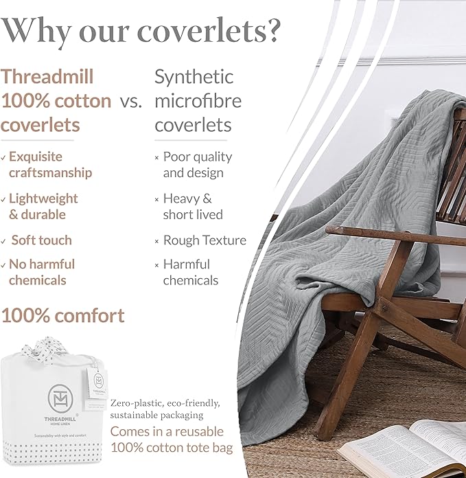 Threadmill Luxury Cotton Blankets for Queen Size Bed | All-Season 100% Cotton Queen Size Blanket | Aster Jacquard Cozy Lightweight, Soft Breathable Coverlet fits Full Size Bed, 90x92 | Scottish Grey