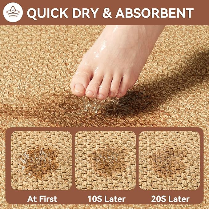 Non Slip Bath Mat Bathroom Rugs, Soft Jute-Like Ultra Thin Bath Mats, Rubber Backing Super Absorbent Quick Dry Bath Rug Shower Mat Fit Under Door Bathroom Floor, Machine Washable, Brown 16"x24"