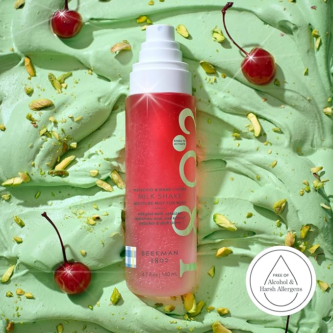 Beekman 1802 Milk Shake Body Mist - Pistachio & Dark Cherry 4.7 fl oz - Hyaluronic Acid, Jojoba Oil, Instantly Moisturizes, Hydrates & Softens, Good for Sensitive Skin, Cruelty Free