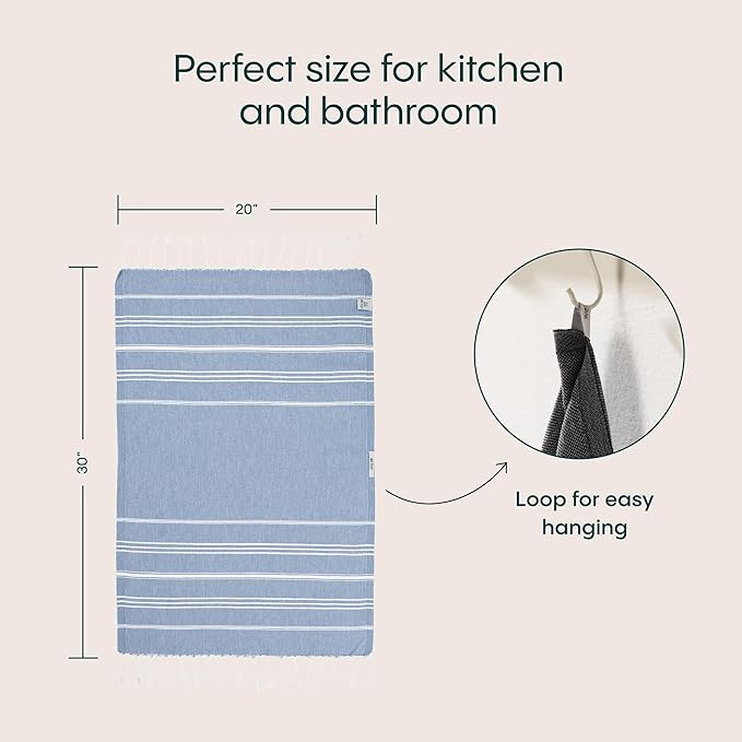 WETCAT Turkish Hand Towels with Hanging Loop, Set of 2 (20" x 30") 100% Turkish Cotton, Pre-Washed, Quick Drying, for Kitchen or Bathroom - Denim Blue