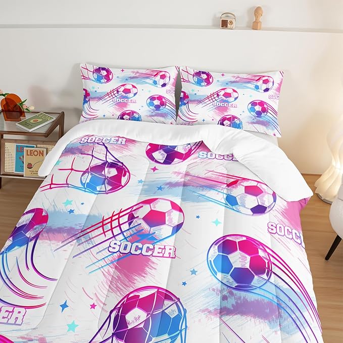 Ball Games Bedding Football Queen Comforter Set,Pink and Blue Soccers Stars Bedding Set for Kids Girls Boys Room Decor,Sports on The Court Aesthetic Bedding Sets with 2 Pillowcases.