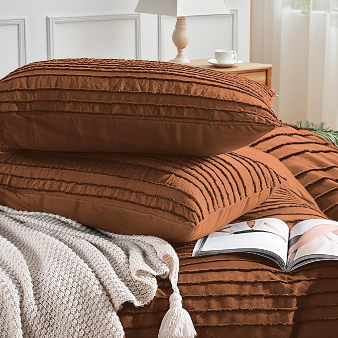 NEXHOME PRO Twin Duvet Cover, Brunt Orange 2 Pieces Boho Tufted Twin Size Duvet Cover Set, Soft and Lightweight Microfiber Comforter Cover Set for All Season (Brunt Orange, 66 x 90)-No Comforter