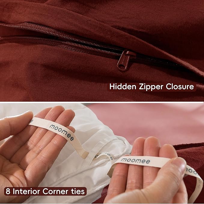 MooMee Bedding Duvet Cover Set 100% Washed Cotton Linen Like Textured Breathable Durable Soft Comfy (Solid Fired Brick Red, Twin 68"x90")