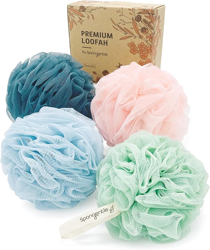 Spongentle Premium Deep Cleansing Loofah Sponge for Radiant Skin, Pack of 4, Bath and Shower, Exfoliating Body Scrubber, Beautiful Colors for Women and Men
