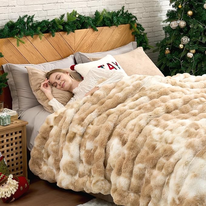 Cozy Bliss Faux Fur Throw Blanket King Size, Fuzzy Soft Plush Thick Bubble Blanket for Bed Couch Bedroom Living Room, 108x90 Inches Tie-dye Beige