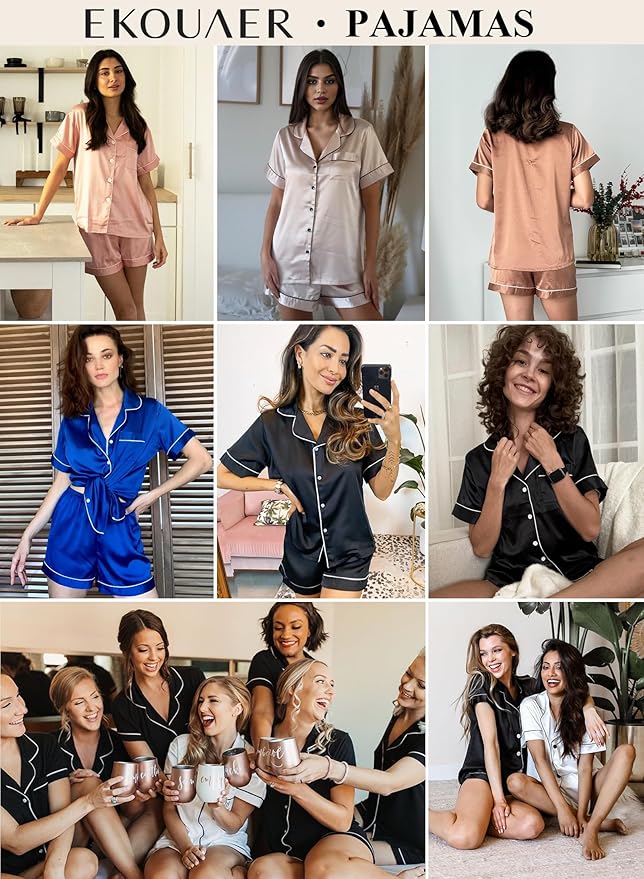 Ekouaer Pajamas for Women Set Silk Satin Pjs Shorts Sleepwear 2 Piece Loungewear S-XXL