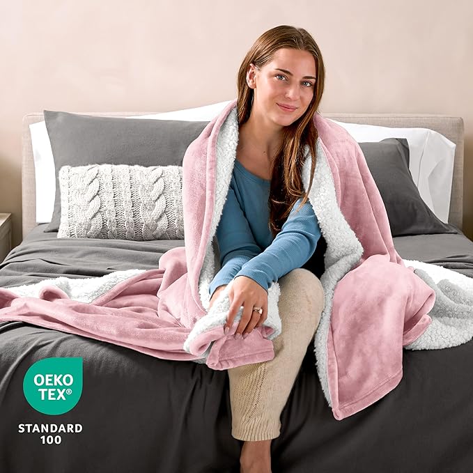 Bare Home Sherpa Fleece Blanket - King Size - Blanket for Bed, Sofa, and Couch - Warm & Lightweight - Fluffy & Soft - Reversible (King, Light Pink)