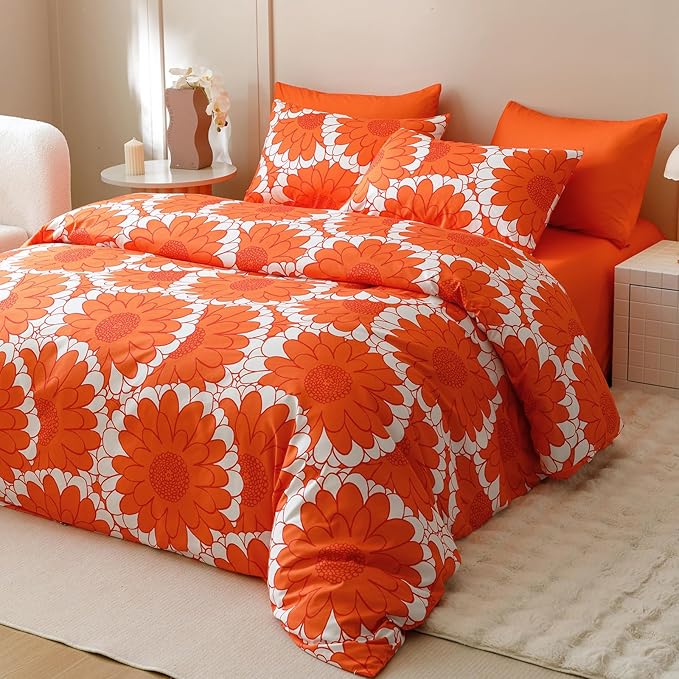 KAREVER Orange Sunflower Comforter Set Twin Size Orange Sunflower Bedding Set 3 PCs Comforter Set Twin Size Fluffy Linen Comforter Sets