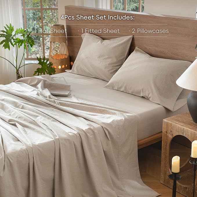 MooMee Bedding Sheet Set 100% Washed Cotton Linen Like Textured Breathable Durable Soft Comfy (Heathered Tannish Linen Grey, Full)