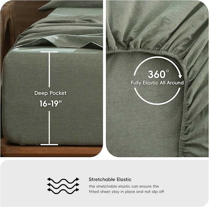 MooMee Bedding Sheet Set 100% Washed Cotton Linen Like Textured Breathable Durable Soft Comfy (Heathered Green, King)