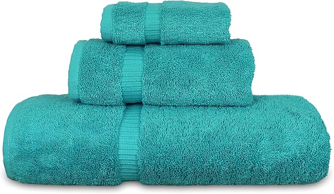 Luxury Hotel & Spa Quality Collection, Quick Dry 100% Turkish Cotton, 750+ GSM, Eco Friendly Towel Set, Bathroom and Kitchen Dobby Border Towels, Bath Towel, Hand Towel, Washcloths (3 Piece, Aqua)